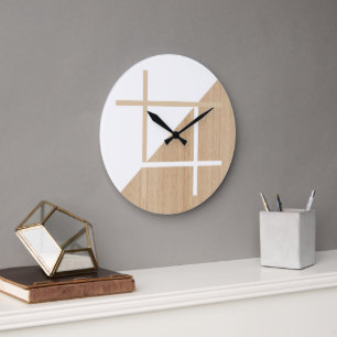 Grande Horloge Ronde Motif rayures de bloc moderne sur bois faux