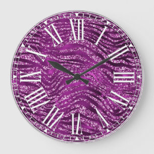 Grande Horloge Ronde Motif rayures de tigre sauvage pailleté violet élé