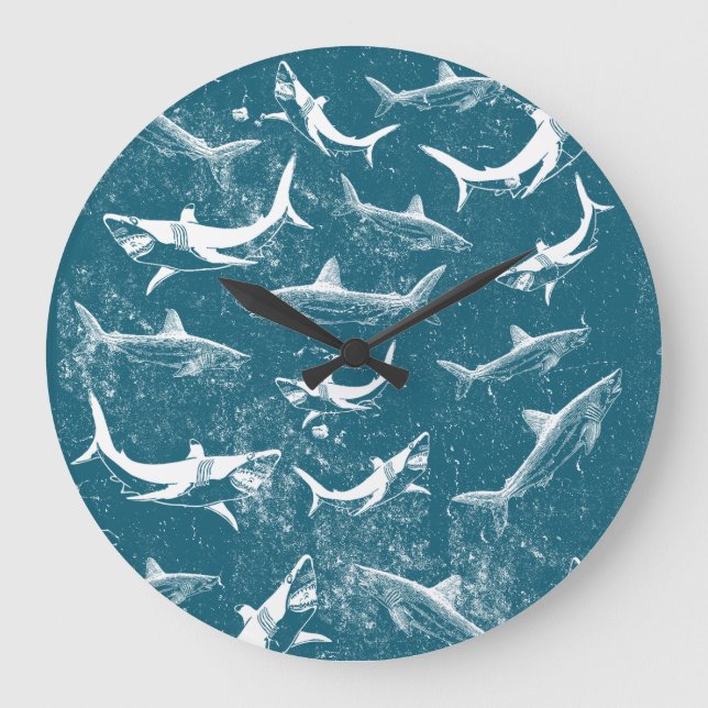 Grande Horloge Ronde Motif Requin Bleu en Distress (Recto)