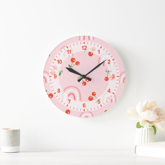 Grande Horloge Ronde Motif rose arc-en-ciel cerise (Maison)