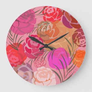 Grande Horloge Ronde Motif rose avec fleurs et plantes