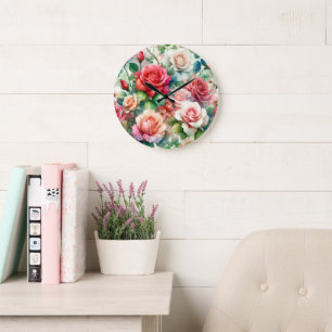 Grande Horloge Ronde Motif Rose Fantaisiste