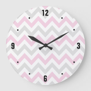 Grande Horloge Ronde Motif rose, gris et blanc élégant de Chevron