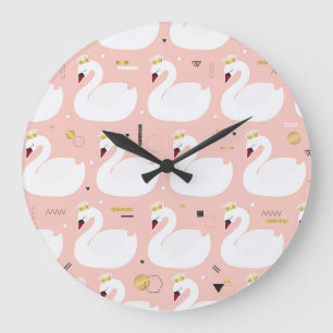 Grande Horloge Ronde Motif sans couture avec cygnes blancs.