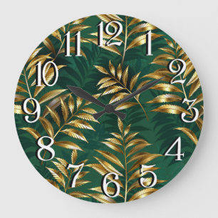 Grande Horloge Ronde Motif sans couture avec des fougères dorées