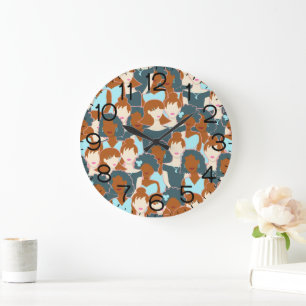 Grande Horloge Ronde Motif sans couture avec filles noires et blanches