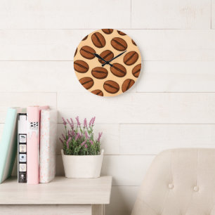 Grande Horloge Ronde Motif sans couture de grains de café   Café Brun C