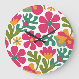 Grande Horloge Ronde Motif sans couture floral rétro rose