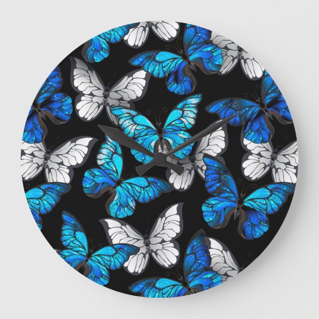 Grande Horloge Ronde Motif sans couture sombre avec papillons bleus Mor (Recto)