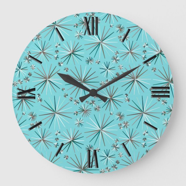 Grande Horloge Ronde Motif Spoutnik du milieu du siècle, Bleu des Oeufs (Recto)