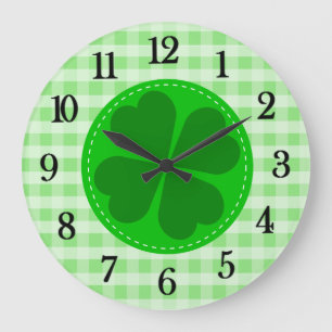 Grande Horloge Ronde Motif Tartan Vert et Trèfle Chanceux