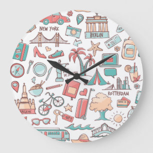 Grande Horloge Ronde Motif touristique Pastel