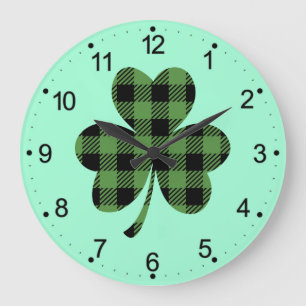 Grande Horloge Ronde Motif Trèfle Shamrock Carreaux Buffalo Vert-61104