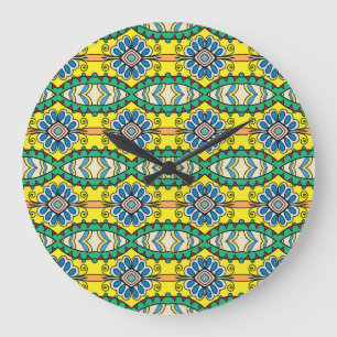Grande Horloge Ronde Motif tribal fleuri, orné, dessiné à la main.