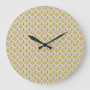 Grande Horloge Ronde Motif tribal géométrique olive et magenta moderne