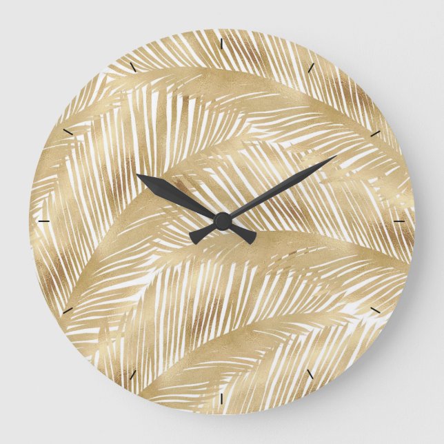 Grande Horloge Ronde Motif Tropical de feuille d'or moderne (Recto)