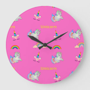Grande Horloge Ronde Motif Unicorne rose