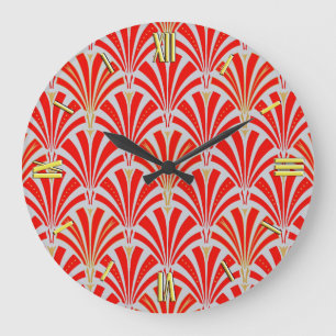 Grande Horloge Ronde Motif ventilateur Art déco - rouge sur gris perle
