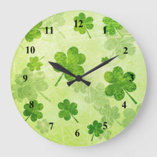 Grande Horloge Ronde Motif vert de shamrock