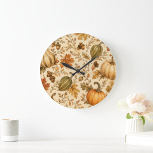 Grande Horloge Ronde Motif vintage de citrouille et de gourdes d'automn
