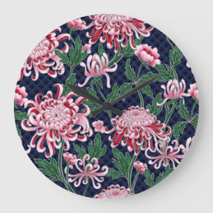 Grande Horloge Ronde Motif Vintage de Pivoines de Chrysanthème Japonais