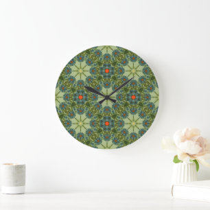 Grande Horloge Ronde Motif vintage en vert avec des fleurs bleues