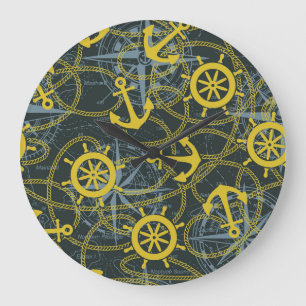 Grande Horloge Ronde Motif vintage nautique, ancre et carte.