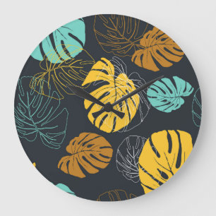 Grande Horloge Ronde Motif Vintage papier peint feuille tropicale