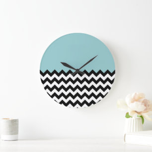 Grande Horloge Ronde Motif Zigzag noir et blanc, Chevron, Bleu