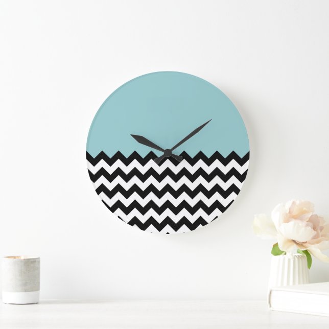 Grande Horloge Ronde Motif Zigzag noir et blanc, Chevron, Bleu (Maison)