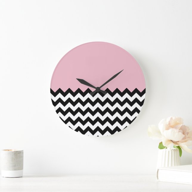 Grande Horloge Ronde Motif Zigzag noir et blanc, Chevron, rose (Maison)
