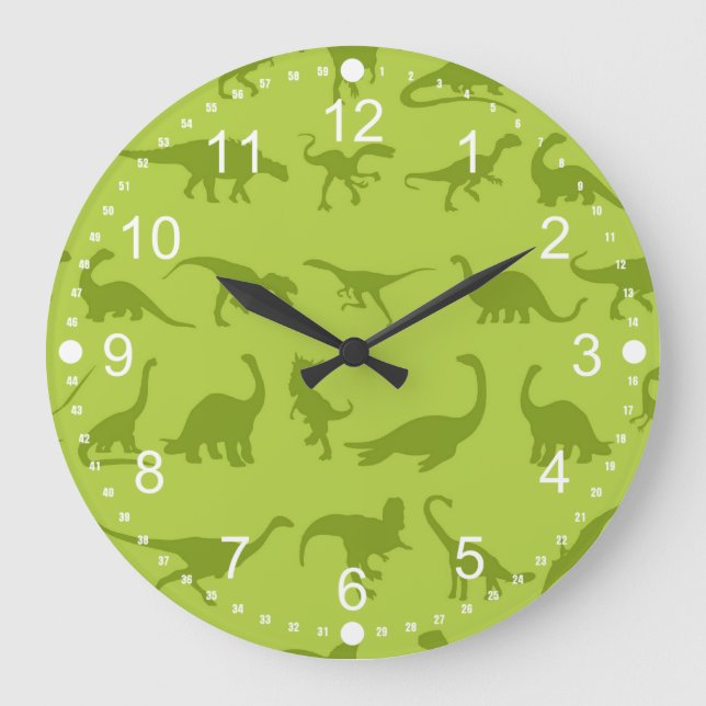 Grande Horloge Ronde Motifs de dinosaures verts mignons pour les garçon (Recto)