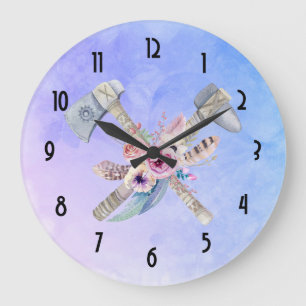 Grande Horloge Ronde Motifs et fleurs Tomahawk Aquarelle Design