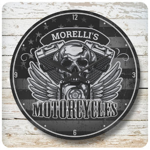 Grande Horloge Ronde Motocyclette crâne américaine personnalisée