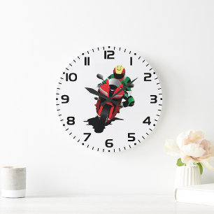 Grande Horloge Ronde Motocycliste Sur Une Moto Rouge