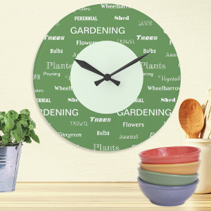 Grande Horloge Ronde Mots de jardinage motif thématique de jardin vert