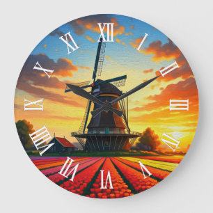 Grande Horloge Ronde Moulin à vent des champs de tulipes Hollande Couch