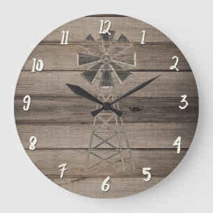 Grande Horloge Ronde Moulin à vent rustique en bois patiné