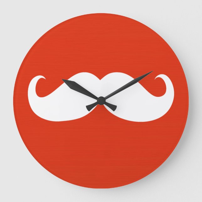 Grande Horloge Ronde Moustache blanche amusante sur rouge orange (Recto)