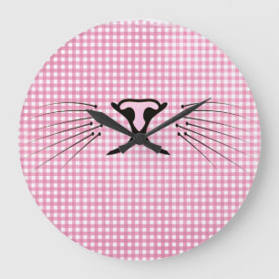 Grande Horloge Ronde Moustaches de chat sur gingham rose et blanc