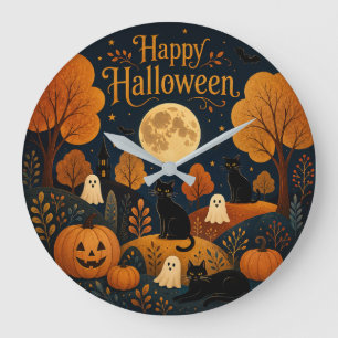 Grande Horloge Ronde Moustaches et fantômes d'Halloween au clair de lun