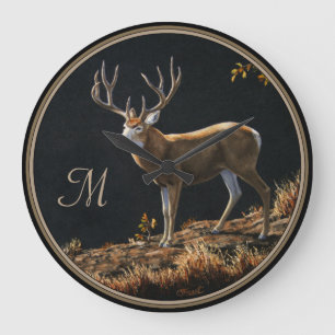Grande Horloge Ronde Mule Deer Buck Automne Trophée Antlers Monogramme