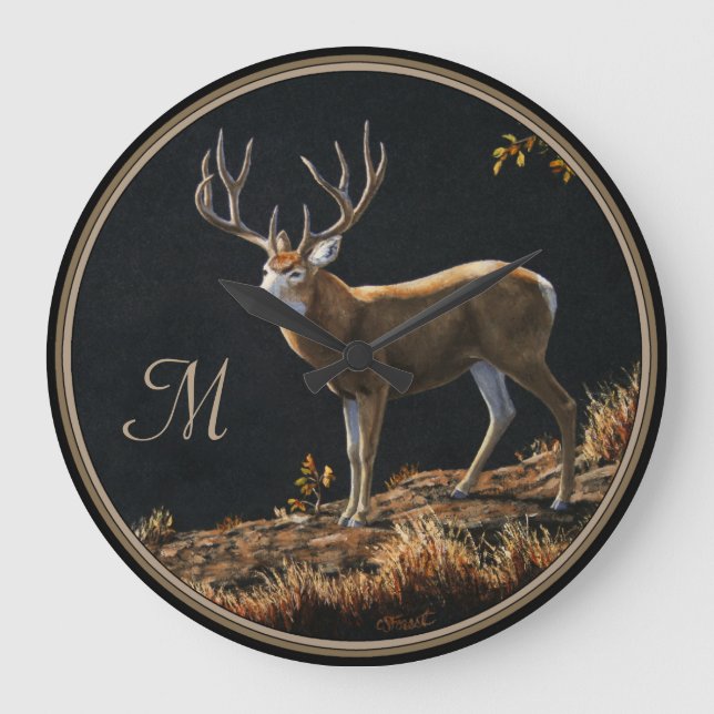 Grande Horloge Ronde Mule Deer Buck Automne Trophée Antlers Monogramme (Recto)