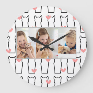 Grande Horloge Ronde Multi Photo Collage Moderne Personnalisé chatte ad