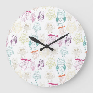 Grande Horloge Ronde Multicolored Doodle Owls