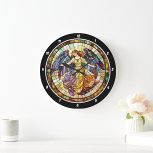Grande Horloge Ronde Mur Angel en Verre Rendu Rayon Divin