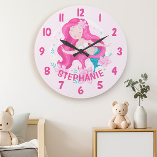 Grande Horloge Ronde Mural Chambre de Fée Filles Cheveux Roses Mignonne