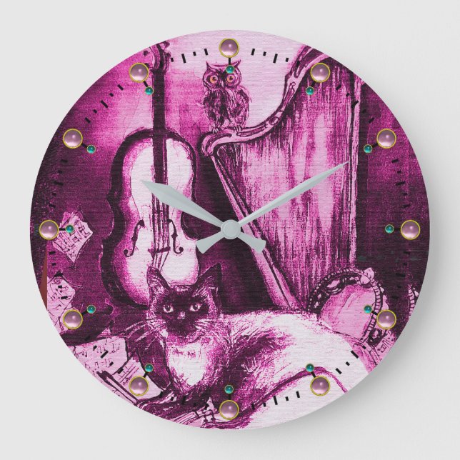 Grande Horloge Ronde MUSICAL CAT WITH OWL VIOLIN ET HARP Pink Purple (Recto)