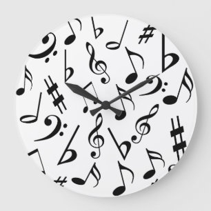 Grande Horloge Ronde Musical Notes Music Clock : Black and White