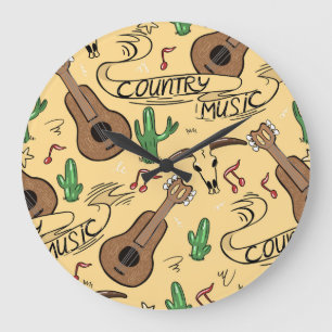 Grande Horloge Ronde Musique country Guitare Cactus Motif